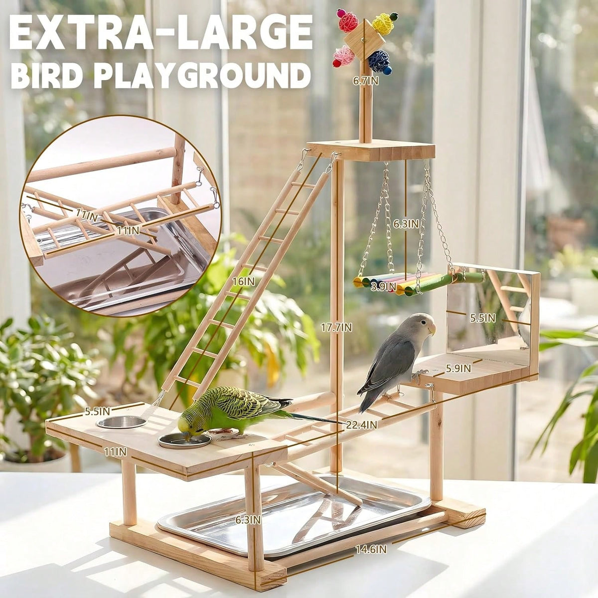Bird Playground Natural Wood Bird Perch Stand With Mirror Parakeet Ladder Chewing Toy Conure Swing And Feeder Cup Small To Medium Birds