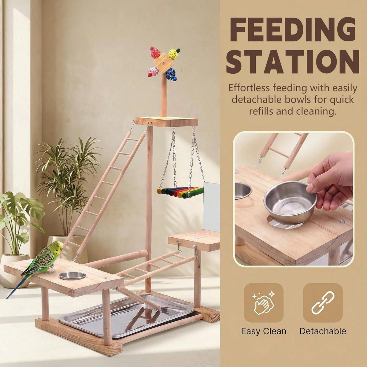 Bird Playground Natural Wood Bird Perch Stand With Mirror Parakeet Ladder Chewing Toy Conure Swing And Feeder Cup Small To Medium Birds
