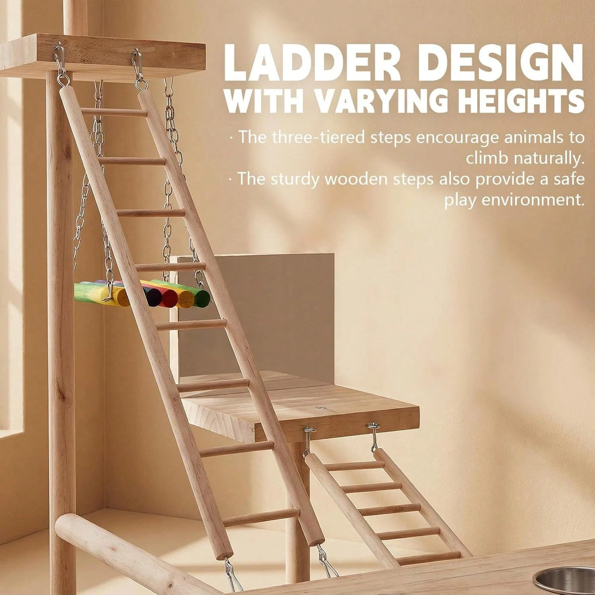 Bird Playground Natural Wood Bird Perch Stand With Mirror Parakeet Ladder Chewing Toy Conure Swing And Feeder Cup Small To Medium Birds