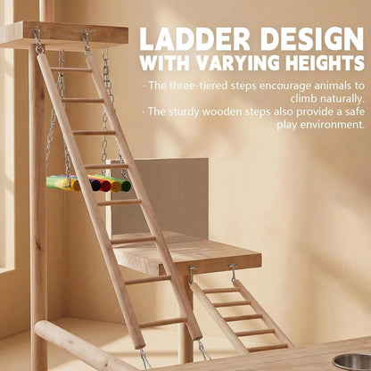Bird Playground Natural Wood Bird Perch Stand With Mirror Parakeet Ladder Chewing Toy Conure Swing And Feeder Cup Small To Medium Birds