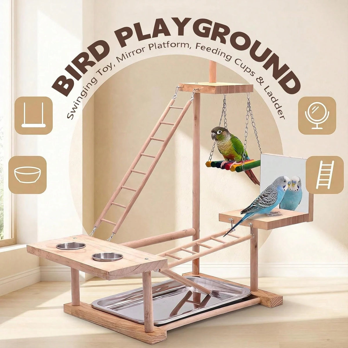 Bird Playground Natural Wood Bird Perch Stand With Mirror Parakeet Ladder Chewing Toy Conure Swing And Feeder Cup Small To Medium Birds