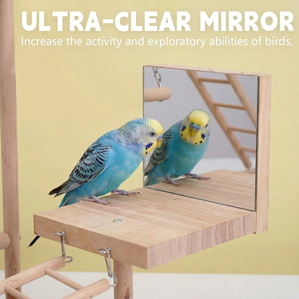Bird Playground Natural Wood Bird Perch Stand With Mirror Parakeet Ladder Chewing Toy Conure Swing And Feeder Cup Small To Medium Birds