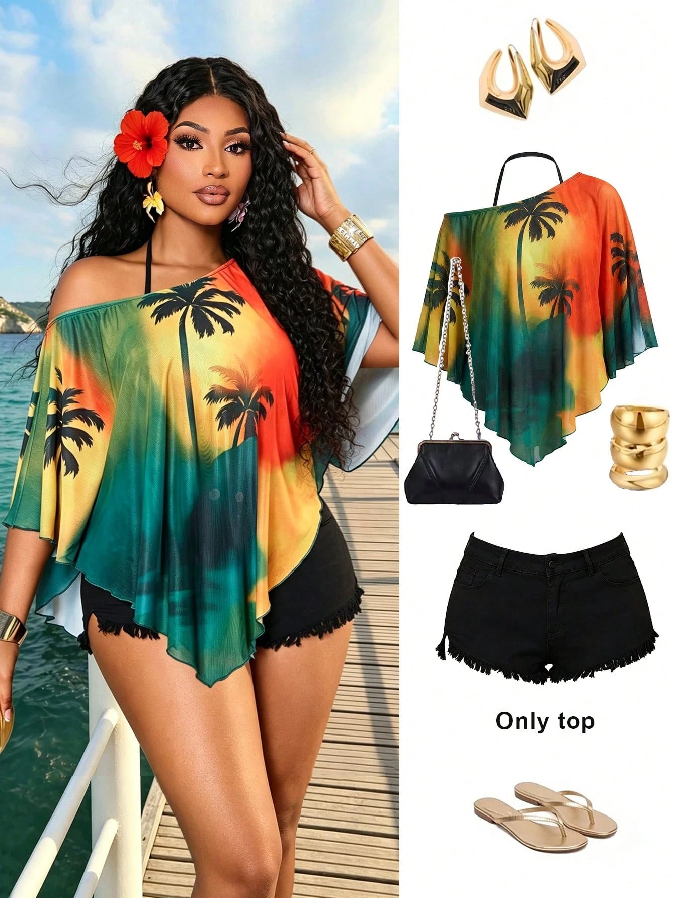 BIUBIU Fashion Plus Size Women's Batwing Sleeve Semi-Sheer Top, Asymmetrical Hemline And Neckline Design, Bright Palm Tree Print, Suitable For Summer, Resort Wear