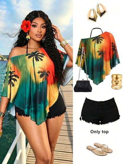 BIUBIU Fashion Plus Size Women's Batwing Sleeve Semi-Sheer Top, Asymmetrical Hemline And Neckline Design, Bright Palm Tree Print, Suitable For Summer, Resort Wear