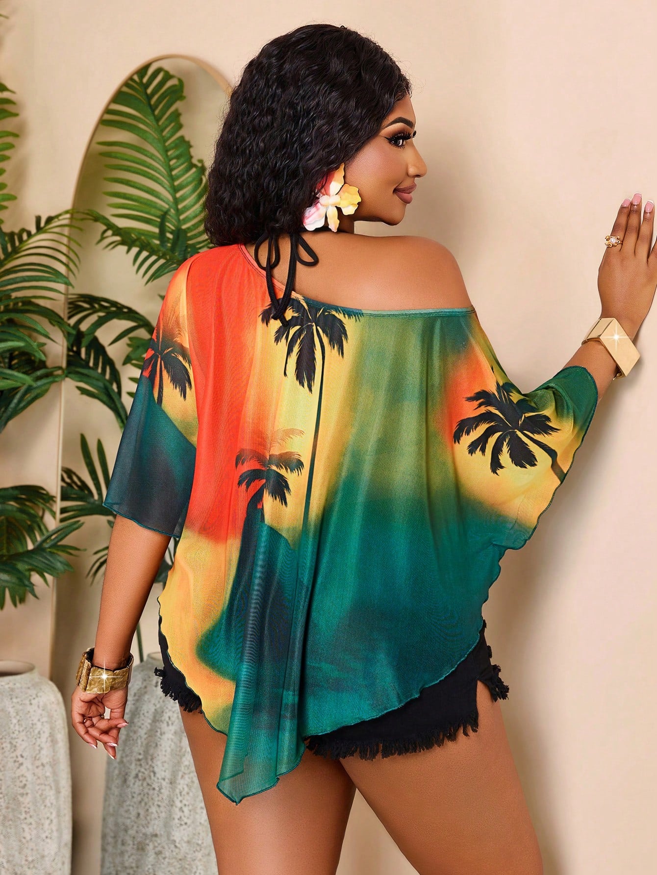 BIUBIU Fashion Plus Size Women's Batwing Sleeve Semi-Sheer Top, Asymmetrical Hemline And Neckline Design, Bright Palm Tree Print, Suitable For Summer, Resort Wear