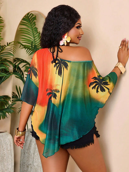BIUBIU Fashion Plus Size Women's Batwing Sleeve Semi-Sheer Top, Asymmetrical Hemline And Neckline Design, Bright Palm Tree Print, Suitable For Summer, Resort Wear