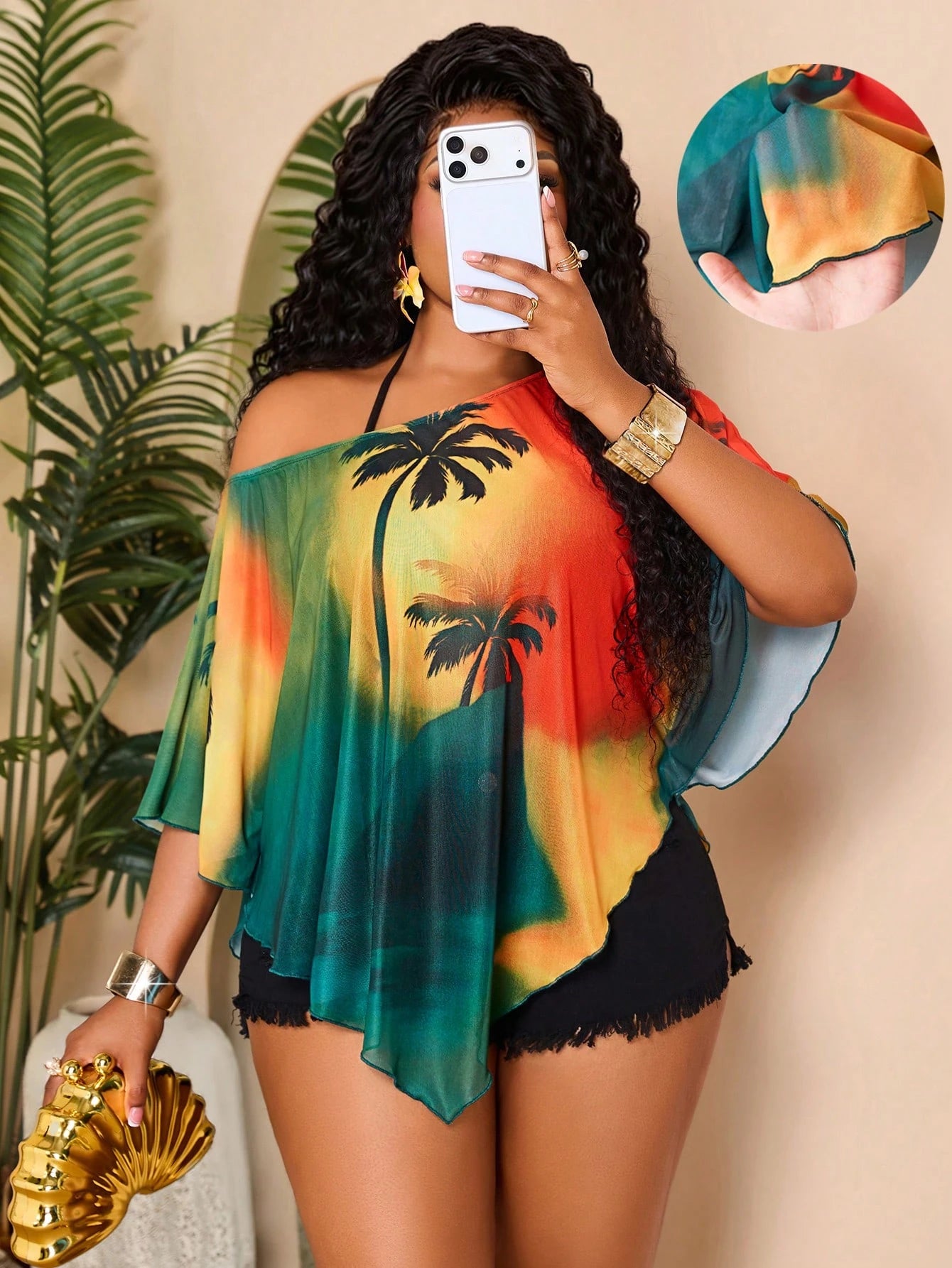 BIUBIU Fashion Plus Size Women's Batwing Sleeve Semi-Sheer Top, Asymmetrical Hemline And Neckline Design, Bright Palm Tree Print, Suitable For Summer, Resort Wear