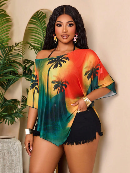 BIUBIU Fashion Plus Size Women's Batwing Sleeve Semi-Sheer Top, Asymmetrical Hemline And Neckline Design, Bright Palm Tree Print, Suitable For Summer, Resort Wear