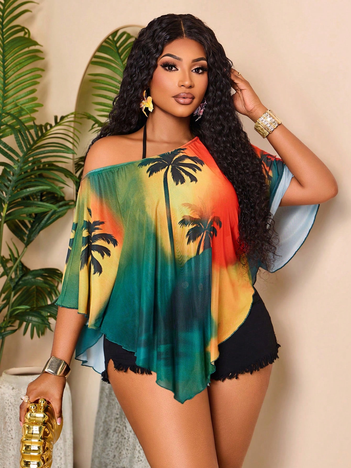 BIUBIU Fashion Plus Size Women's Batwing Sleeve Semi-Sheer Top, Asymmetrical Hemline And Neckline Design, Bright Palm Tree Print, Suitable For Summer, Resort Wear