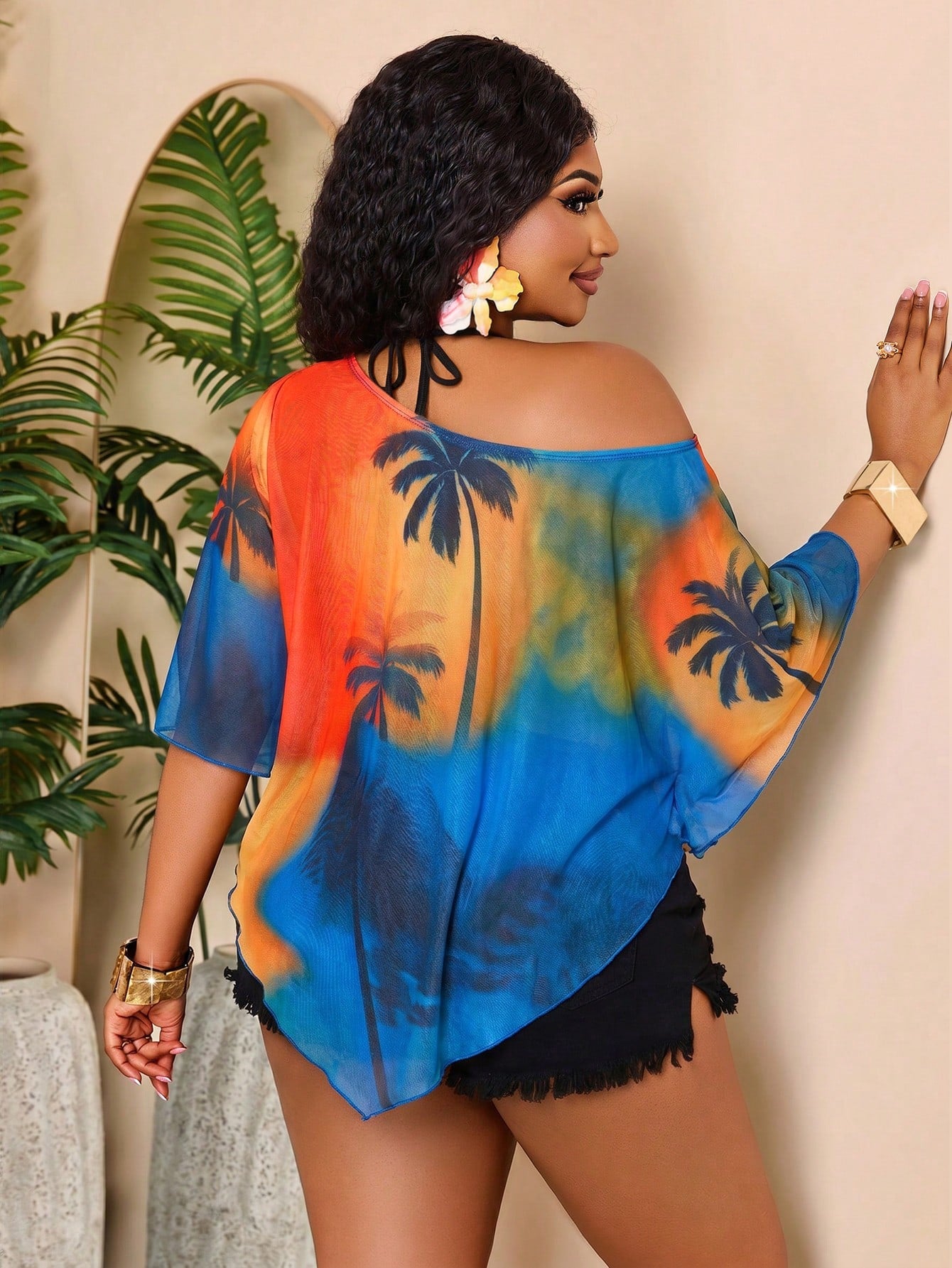 BIUBIU Fashion Plus Size Women's Batwing Sleeve Semi-Sheer Top, Asymmetrical Hemline And Neckline Design, Bright Palm Tree Print, Suitable For Summer, Resort Wear