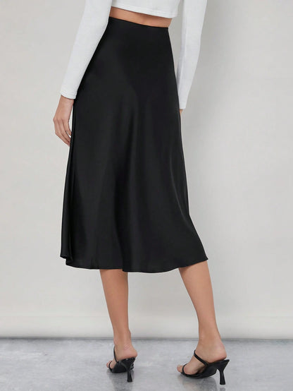 BizChic Black Solid Work Skirt With Zipper Detailing,Ladies Elegant Zipper Midi Skinny High Waist Black Plain Women Skirts,Spring/Summer,Casual Daily Wear