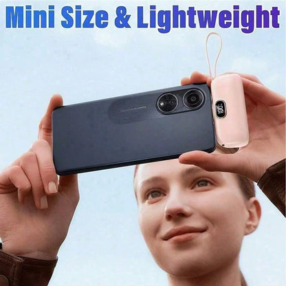 Black 5000mAh Mini Power Bank With Lightning Plug, Built-In USB-C Cable And 22.5W Fast Charging, With Clear Digital Charge Display, Compact Rounded Shell And Wrist Strap For Purse Or Pocket Carry, Des