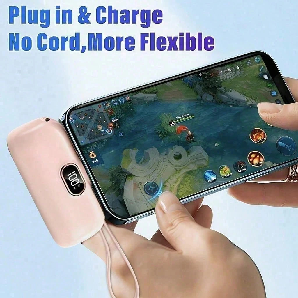Black 5000mAh Mini Power Bank With Lightning Plug, Built-In USB-C Cable And 22.5W Fast Charging, With Clear Digital Charge Display, Compact Rounded Shell And Wrist Strap For Purse Or Pocket Carry, Des