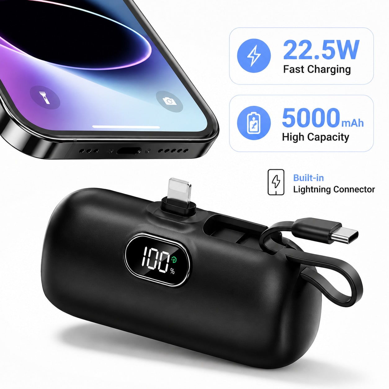 Black 5000mAh Mini Power Bank With Lightning Plug, Built-In USB-C Cable And 22.5W Fast Charging, With Clear Digital Charge Display, Compact Rounded Shell And Wrist Strap For Purse Or Pocket Carry, Des