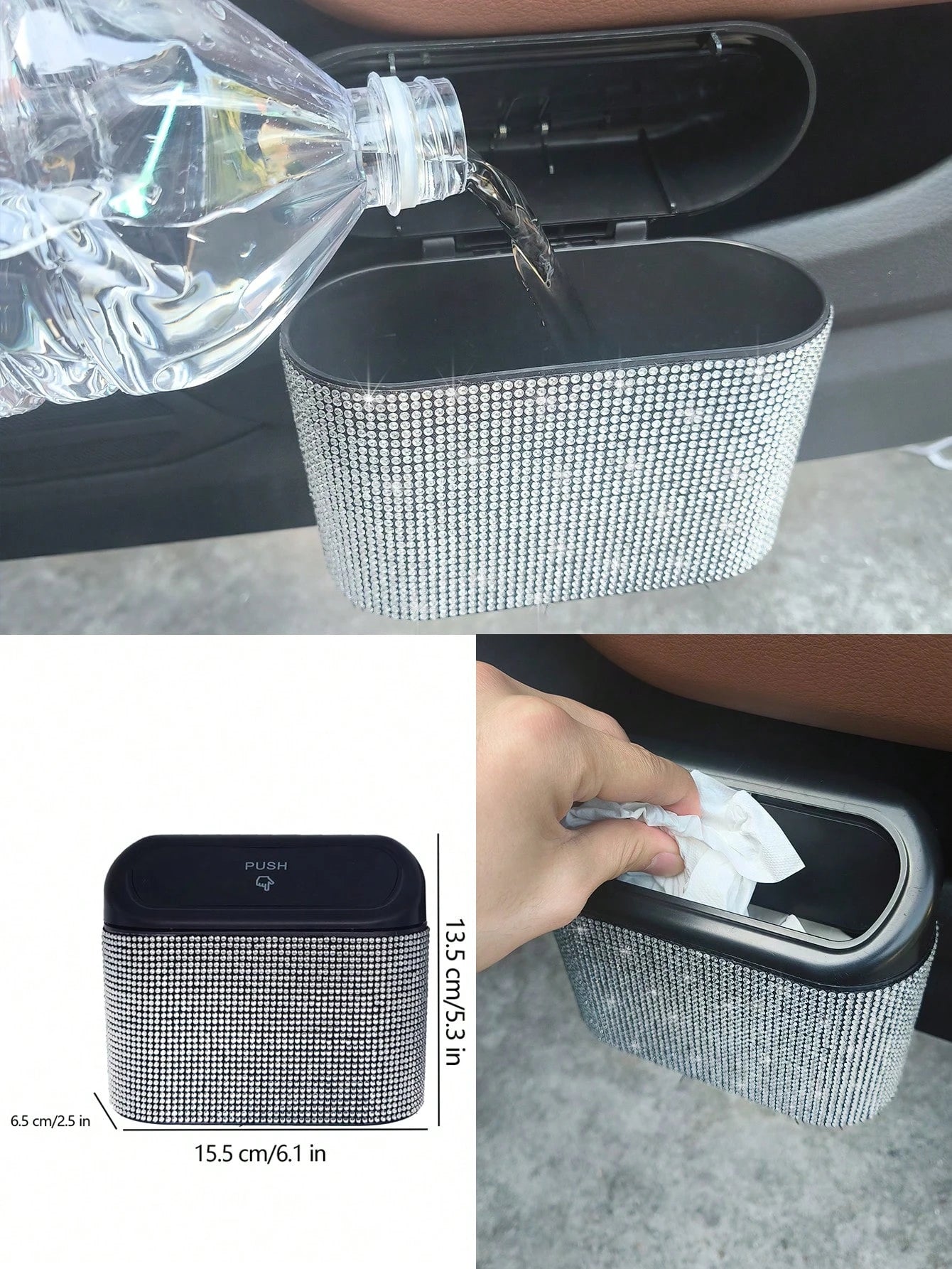 Black Car Trash Can With Rhinestone Design