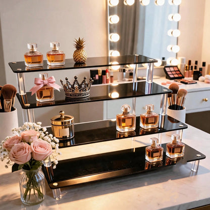 Black Glossy Mirror Acrylic Step Display Stand, Clear Cylinder Support Desktop Organizer Rack For Figurines Cosmetics Jewelry Perfume Storage,Bedroom Room Decor,Back To School