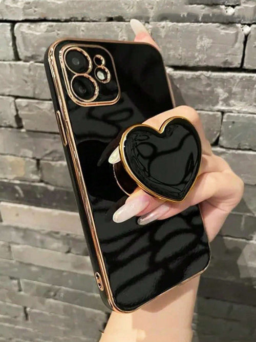 Black Heart-Shaped Element Shockproof Gold-Plated Heart-Shaped Stand And Gold-Plated Phone Case, Compatible With IPhone 17/16e/15/14/13/12/11/XS/XR/X/7/8 Plus/Pro Max, Galaxy S25/S24U/S23/A55/A54/A35