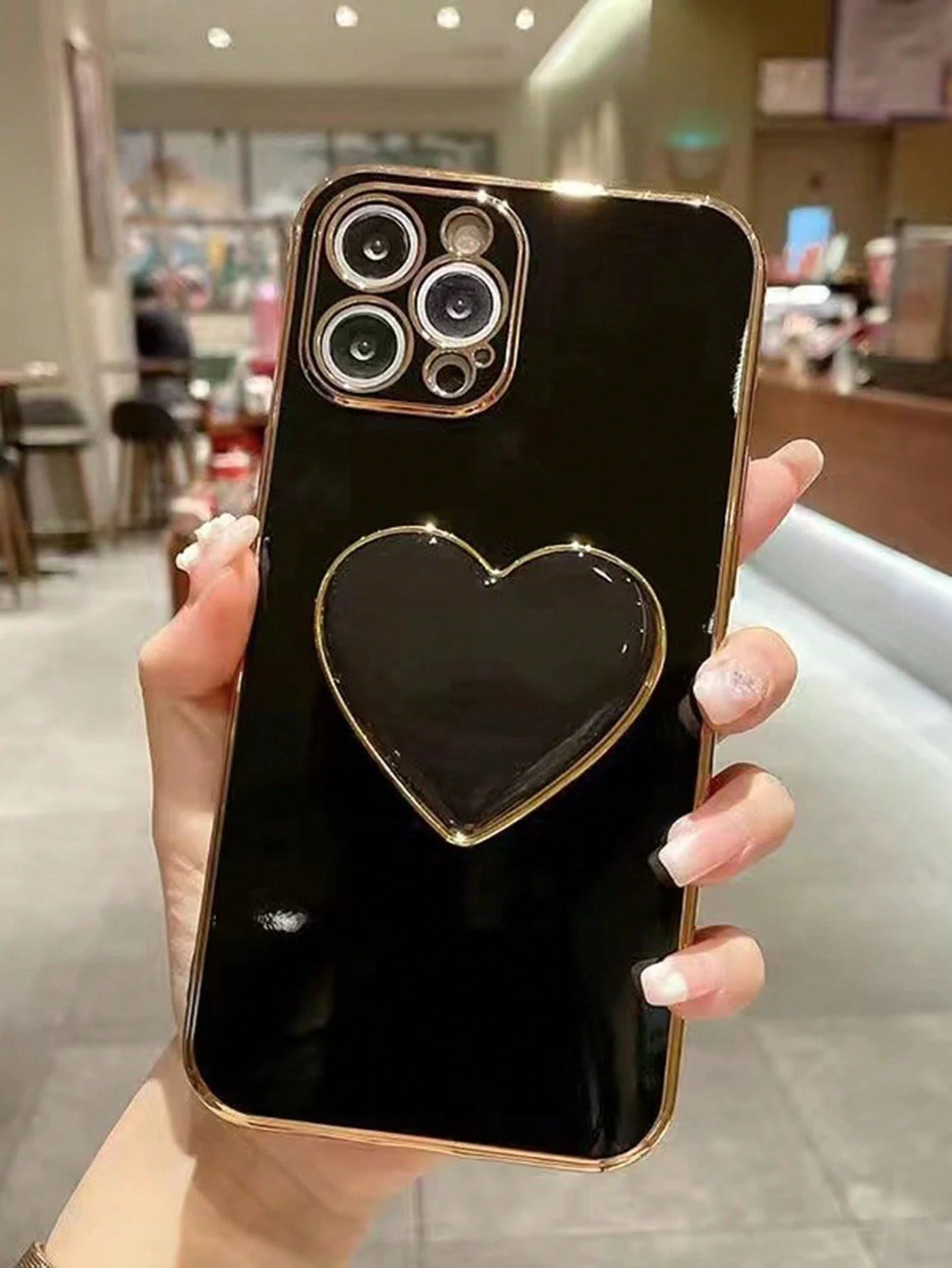 Black Heart-Shaped Element Shockproof Gold-Plated Heart-Shaped Stand And Gold-Plated Phone Case, Compatible With IPhone 17/16e/15/14/13/12/11/XS/XR/X/7/8 Plus/Pro Max, Galaxy S25/S24U/S23/A55/A54/A35