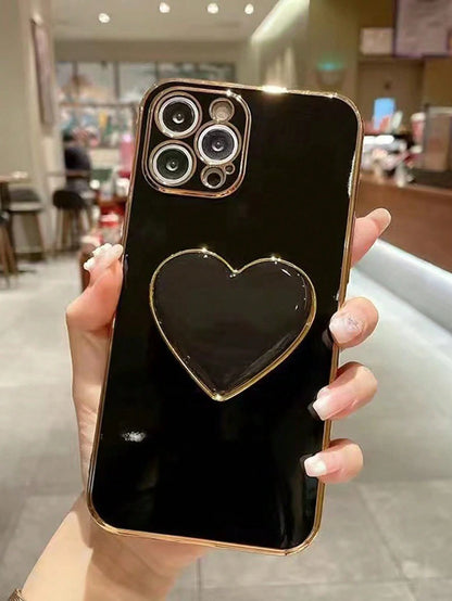Black Heart-Shaped Element Shockproof Gold-Plated Heart-Shaped Stand And Gold-Plated Phone Case, Compatible With IPhone 17/16e/15/14/13/12/11/XS/XR/X/7/8 Plus/Pro Max, Galaxy S25/S24U/S23/A55/A54/A35