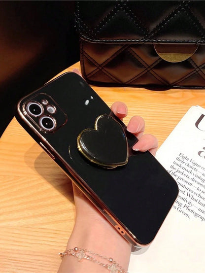 Black Heart-Shaped Element Shockproof Gold-Plated Heart-Shaped Stand And Gold-Plated Phone Case, Compatible With IPhone 17/16e/15/14/13/12/11/XS/XR/X/7/8 Plus/Pro Max, Galaxy S25/S24U/S23/A55/A54/A35