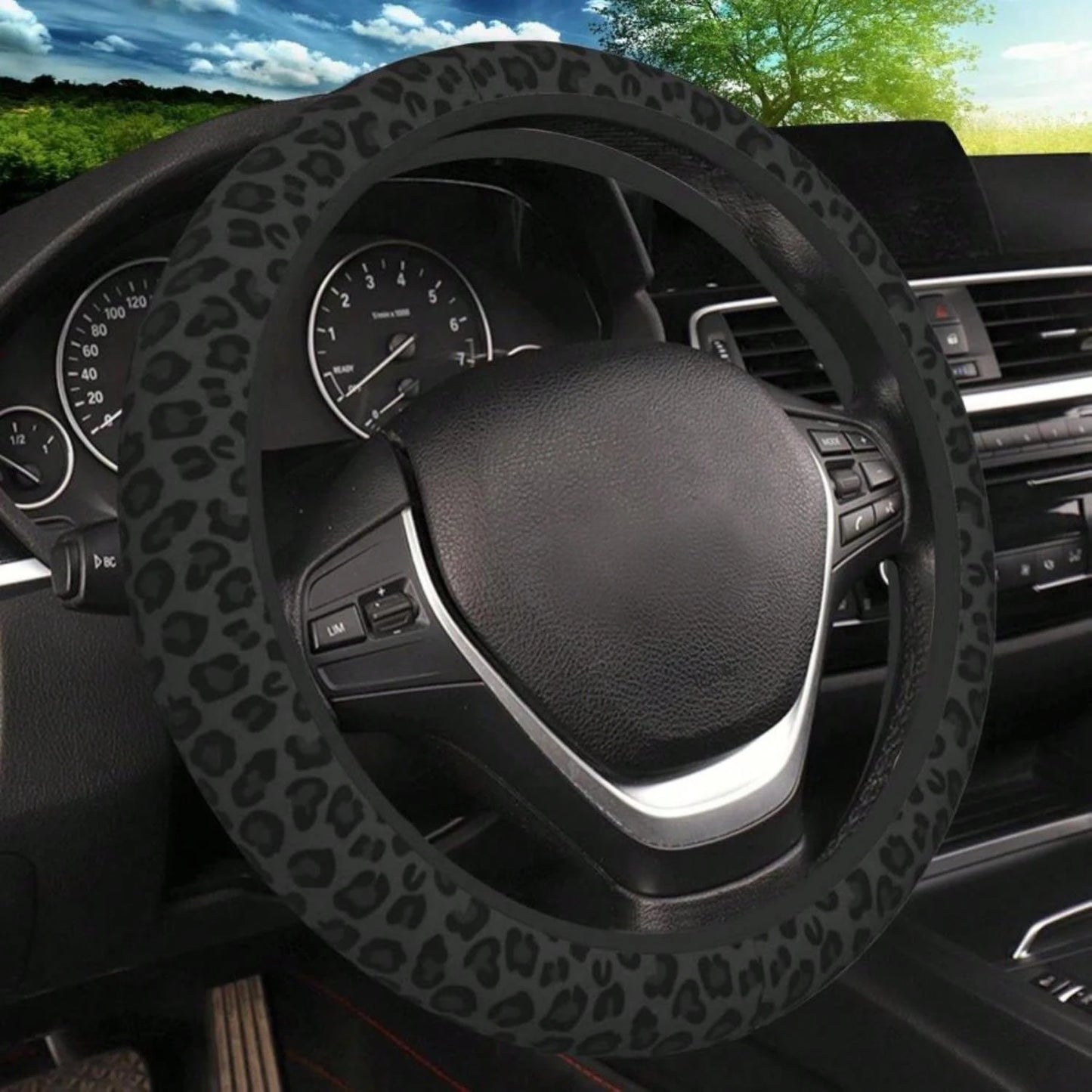 Black Leopard Print Cheetah Elastic Steering Wheel Cover, Non-Slip Breathable Neoprene Steering Wheel Covers, Women Leopard Car Accessories, Universal 15 Inch Fit Auto, Suvs, Truck