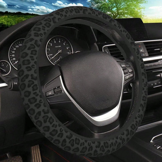 Black Leopard Print Cheetah Elastic Steering Wheel Cover, Non-Slip Breathable Neoprene Steering Wheel Covers, Women Leopard Car Accessories, Universal 15 Inch Fit Auto, Suvs, Truck