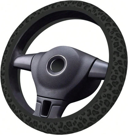 Black Leopard Print Cheetah Elastic Steering Wheel Cover, Non-Slip Breathable Neoprene Steering Wheel Covers, Women Leopard Car Accessories, Universal 15 Inch Fit Auto, Suvs, Truck