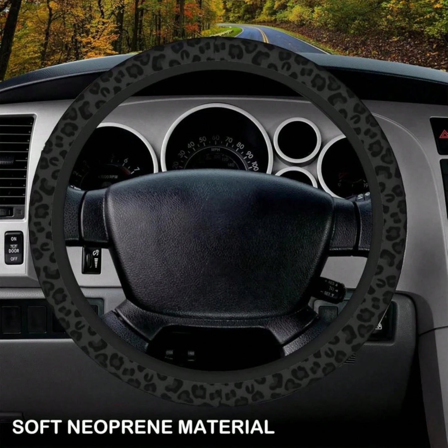 Black Leopard Print Cheetah Elastic Steering Wheel Cover, Non-Slip Breathable Neoprene Steering Wheel Covers, Women Leopard Car Accessories, Universal 15 Inch Fit Auto, Suvs, Truck