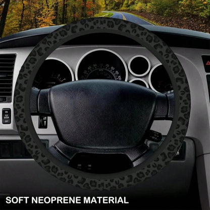 Black Leopard Print Cheetah Elastic Steering Wheel Cover, Non-Slip Breathable Neoprene Steering Wheel Covers, Women Leopard Car Accessories, Universal 15 Inch Fit Auto, Suvs, Truck