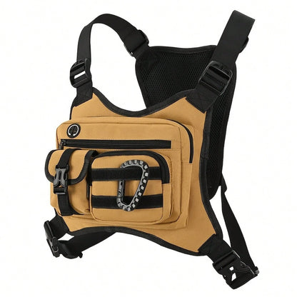 Black Tactical Chest Bag, Suitable For Both Men And Women- Adjustable Shoulder Strap, Multiple Pockets, Durable Zipper Storage, Suitable For Running