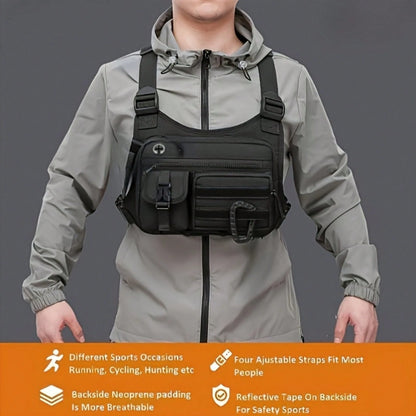 Black Tactical Chest Bag, Suitable For Both Men And Women- Adjustable Shoulder Strap, Multiple Pockets, Durable Zipper Storage, Suitable For Running