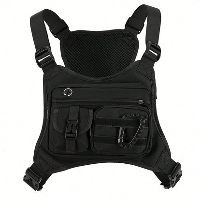 Black Tactical Chest Bag, Suitable For Both Men And Women- Adjustable Shoulder Strap, Multiple Pockets, Durable Zipper Storage, Suitable For Running