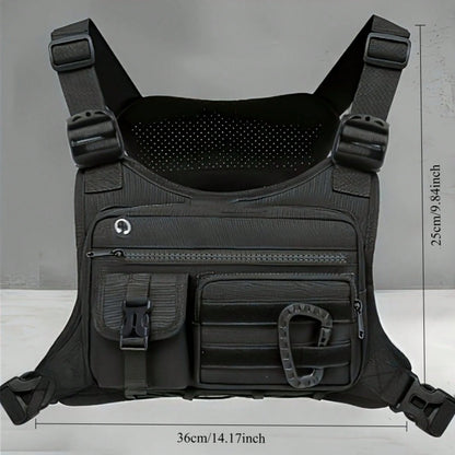 Black Tactical Chest Bag, Suitable For Both Men And Women- Adjustable Shoulder Strap, Multiple Pockets, Durable Zipper Storage, Suitable For Running
