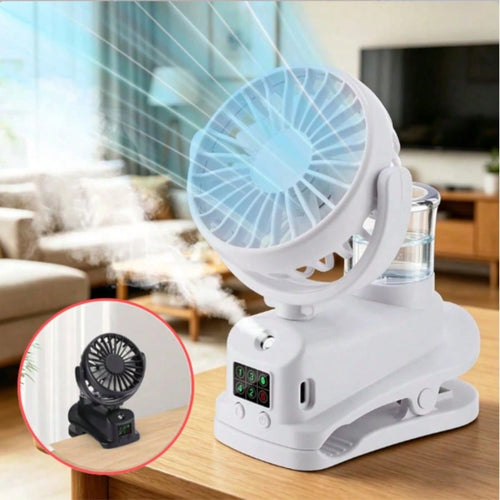 Black/White Portable Fan,Clip On Stroller Mist Humidifier Mini Fan,USB Rechargeable,360° Rotatable Digital Display Fan For Car Office Camping Baby Use