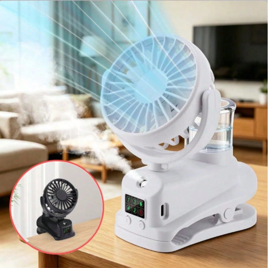 Black/White Portable Fan,Clip On Stroller Mist Humidifier Mini Fan,USB Rechargeable,360° Rotatable Digital Display Fan For Car Office Camping Baby Use