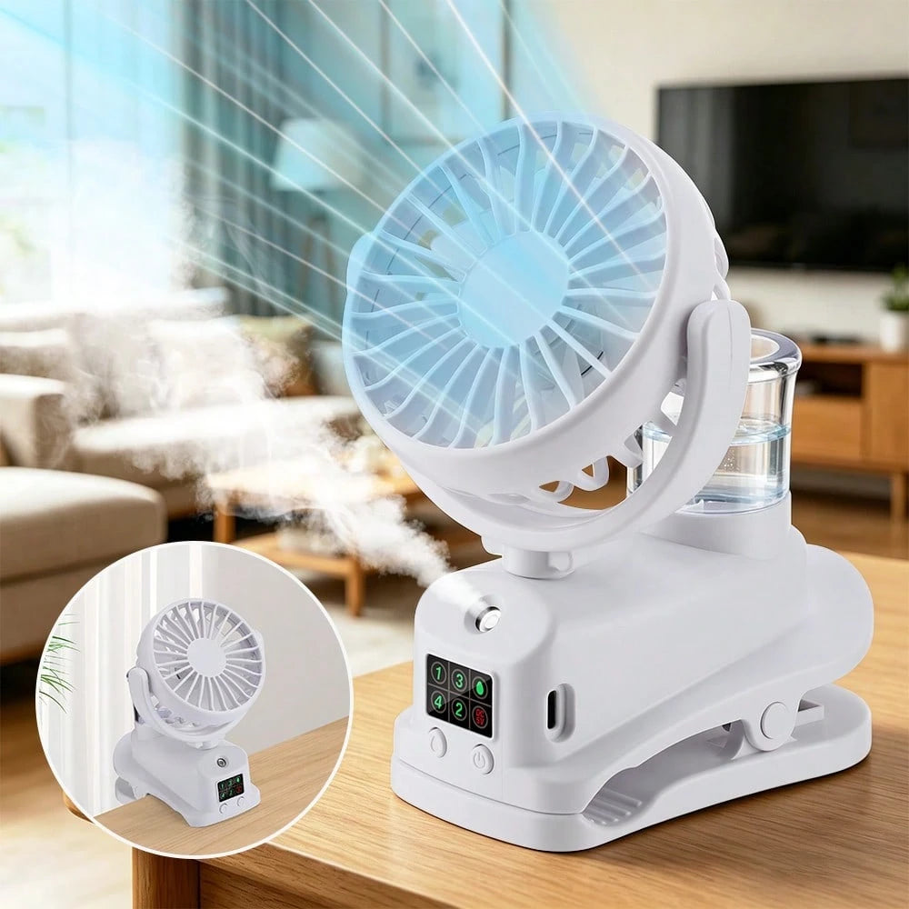 Black/White Portable Fan,Clip On Stroller Mist Humidifier Mini Fan,USB Rechargeable,360° Rotatable Digital Display Fan For Car Office Camping Baby Use