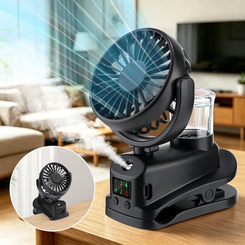 Black/White Portable Fan,Clip On Stroller Mist Humidifier Mini Fan,USB Rechargeable,360° Rotatable Digital Display Fan For Car Office Camping Baby Use