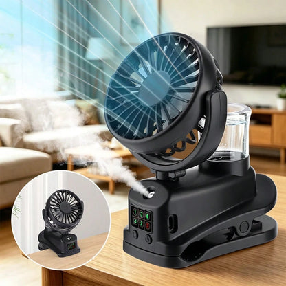 Black/White Portable Fan,Clip On Stroller Mist Humidifier Mini Fan,USB Rechargeable,360° Rotatable Digital Display Fan For Car Office Camping Baby Use