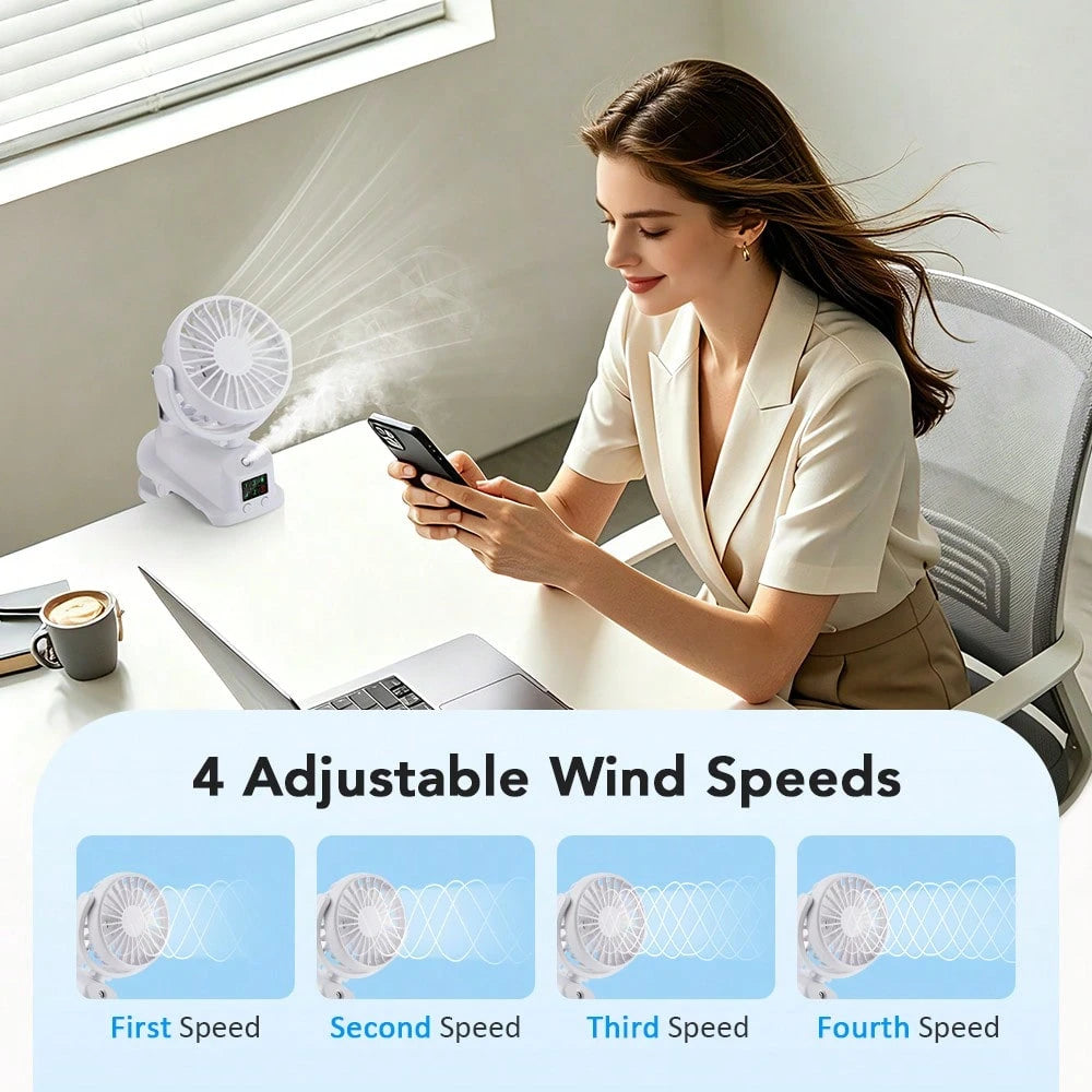 Black/White Portable Fan,Clip On Stroller Mist Humidifier Mini Fan,USB Rechargeable,360° Rotatable Digital Display Fan For Car Office Camping Baby Use