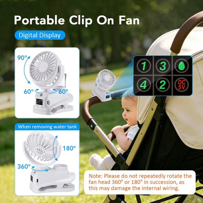 Black/White Portable Fan,Clip On Stroller Mist Humidifier Mini Fan,USB Rechargeable,360° Rotatable Digital Display Fan For Car Office Camping Baby Use