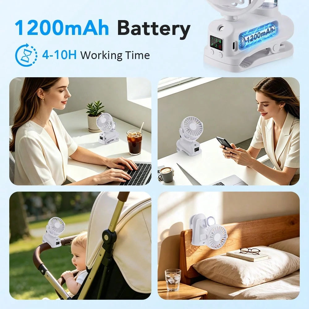 Black/White Portable Fan,Clip On Stroller Mist Humidifier Mini Fan,USB Rechargeable,360° Rotatable Digital Display Fan For Car Office Camping Baby Use