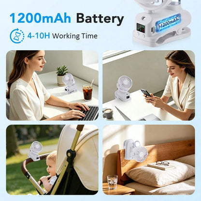 Black/White Portable Fan,Clip On Stroller Mist Humidifier Mini Fan,USB Rechargeable,360° Rotatable Digital Display Fan For Car Office Camping Baby Use