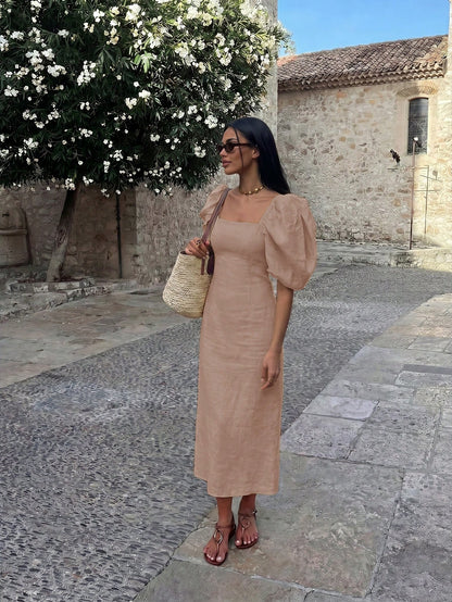 Blend Puff Sleeve Midi Dress, Square Neck Fitted Waist Casual Summer Dress Elegant