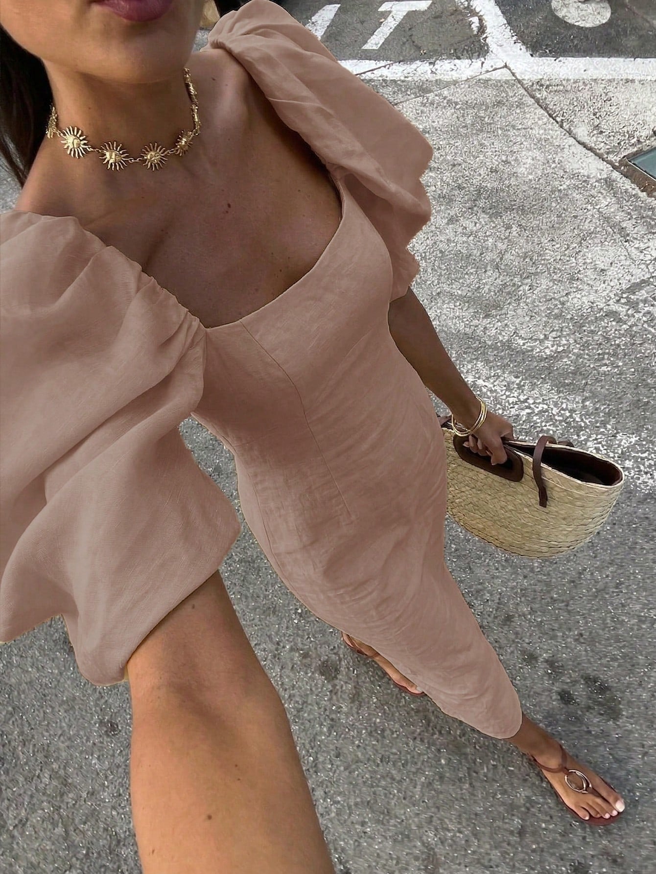 Blend Puff Sleeve Midi Dress, Square Neck Fitted Waist Casual Summer Dress Elegant