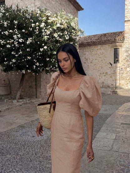 Blend Puff Sleeve Midi Dress, Square Neck Fitted Waist Casual Summer Dress Elegant