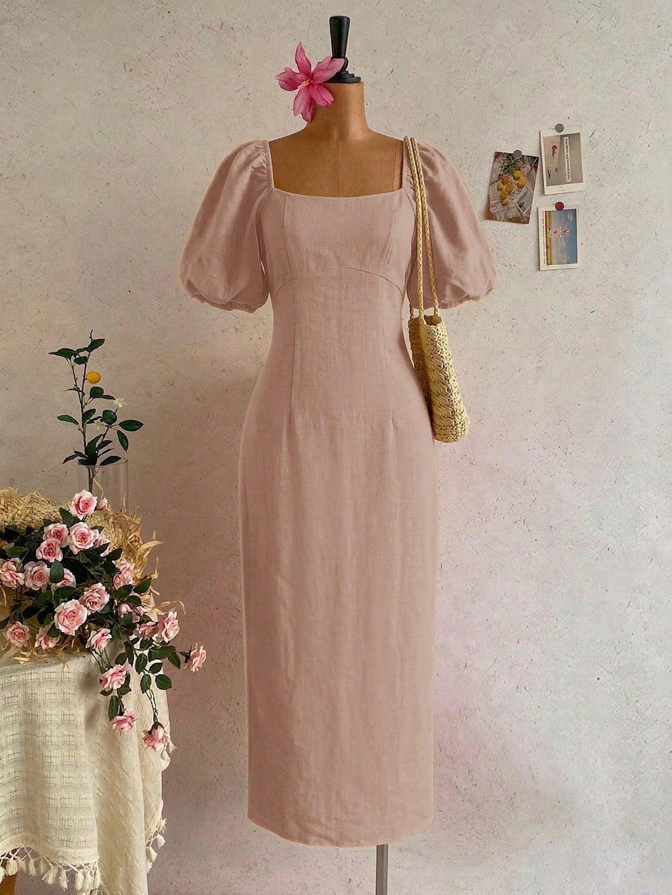 Blend Puff Sleeve Midi Dress, Square Neck Fitted Waist Casual Summer Dress Elegant
