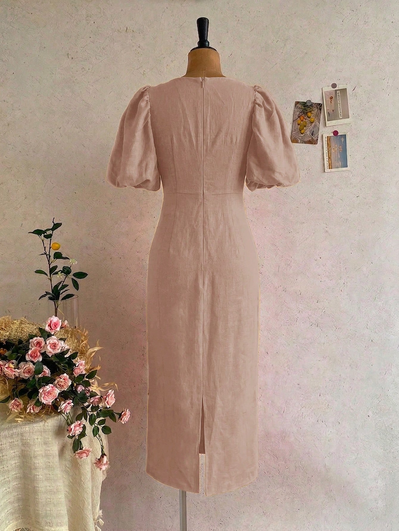 Blend Puff Sleeve Midi Dress, Square Neck Fitted Waist Casual Summer Dress Elegant