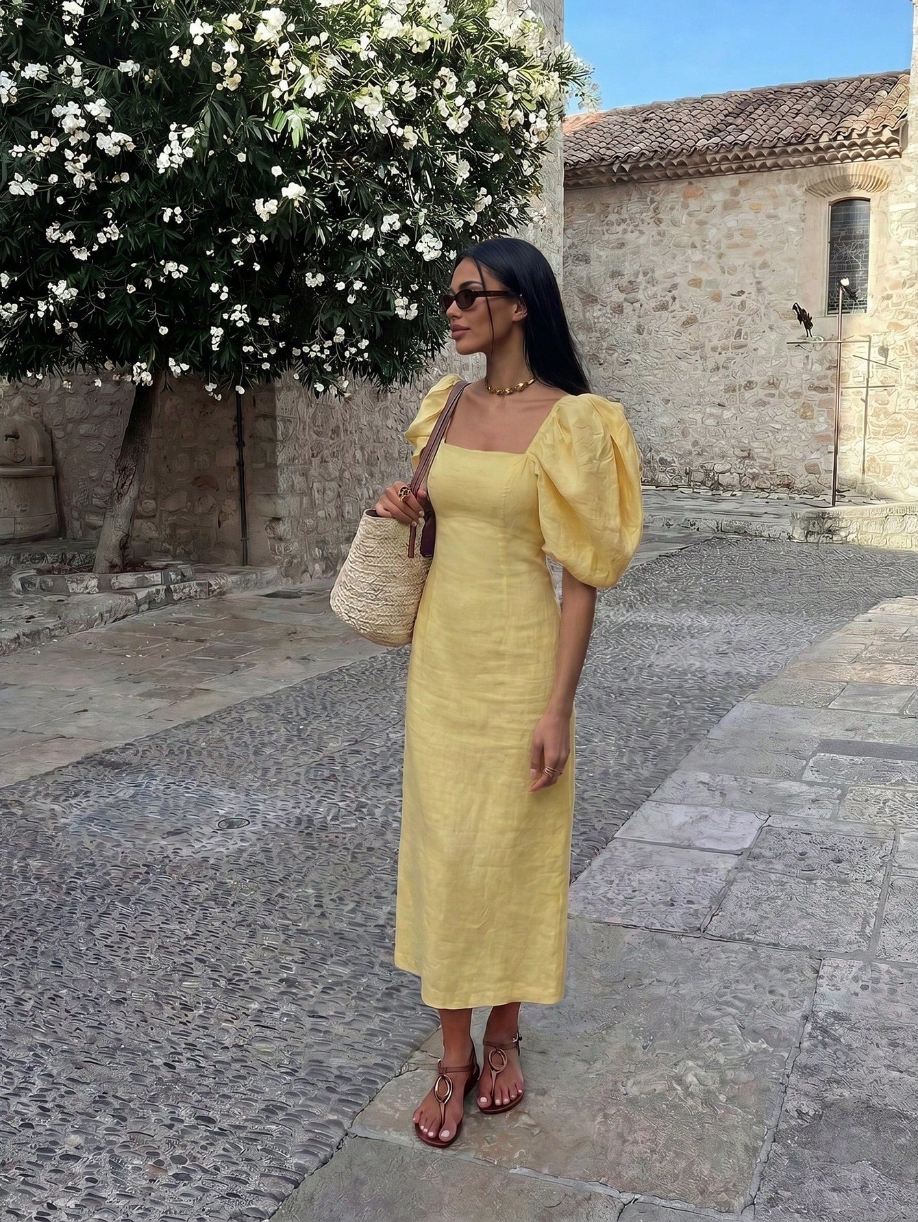 Blend Puff Sleeve Midi Dress, Square Neck Fitted Waist Casual Summer Dress Elegant