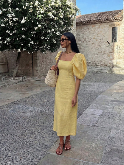 Blend Puff Sleeve Midi Dress, Square Neck Fitted Waist Casual Summer Dress Elegant