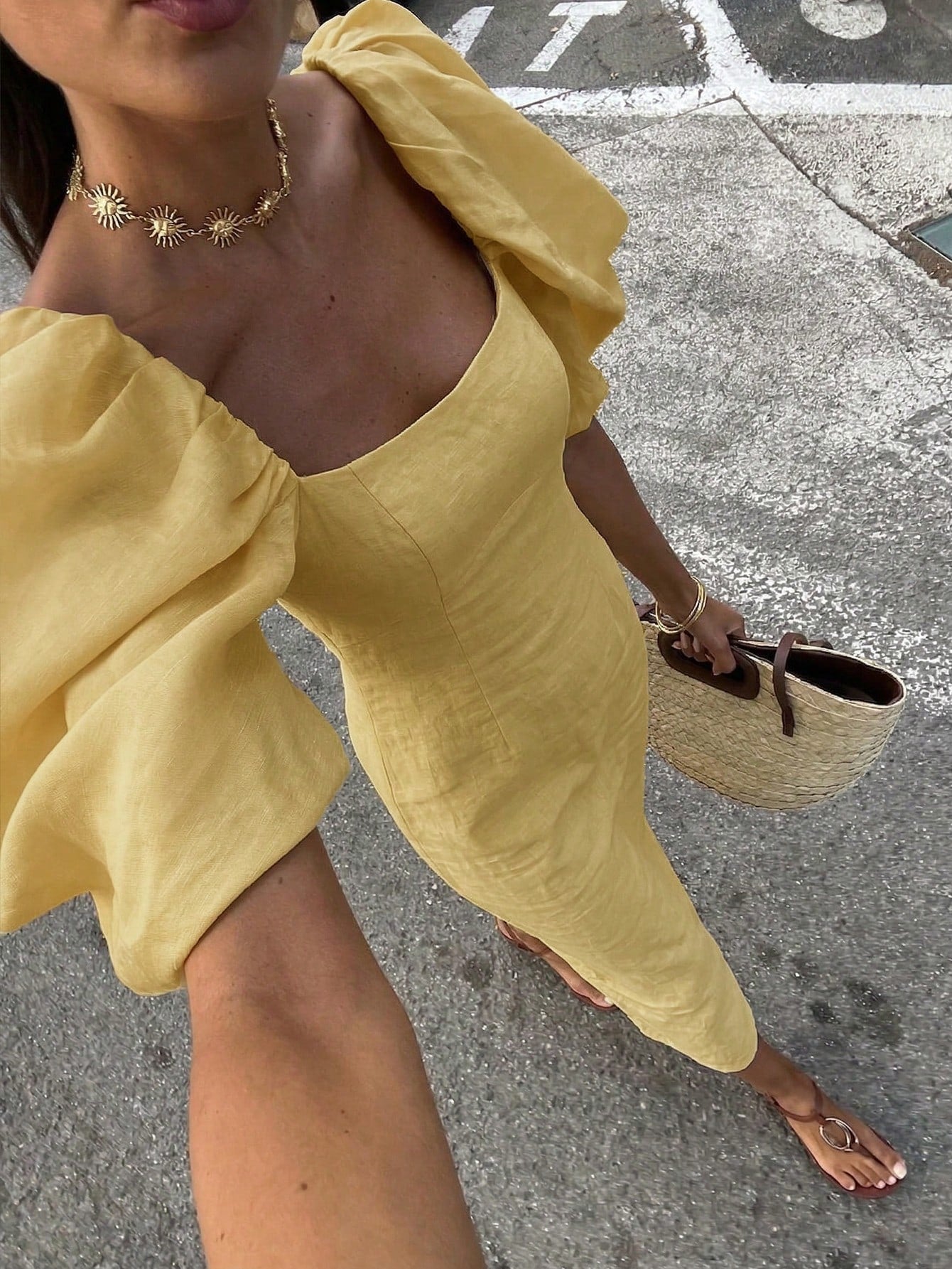 Blend Puff Sleeve Midi Dress, Square Neck Fitted Waist Casual Summer Dress Elegant